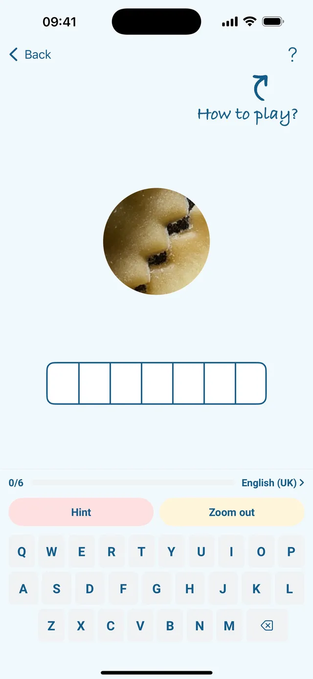 A Cropple puzzle in the app, a tight crop with zoom and hint buttons