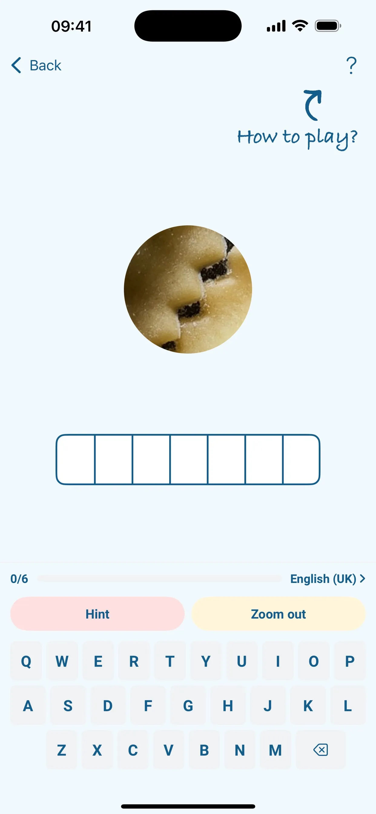 A Cropple puzzle in the app, a tight crop with zoom and hint buttons