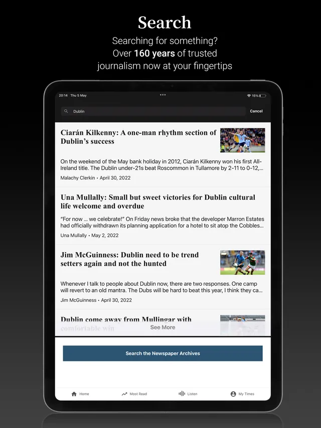 The Irish Times app crosswords page with Simplex, Crosaire and Sudoku tiles