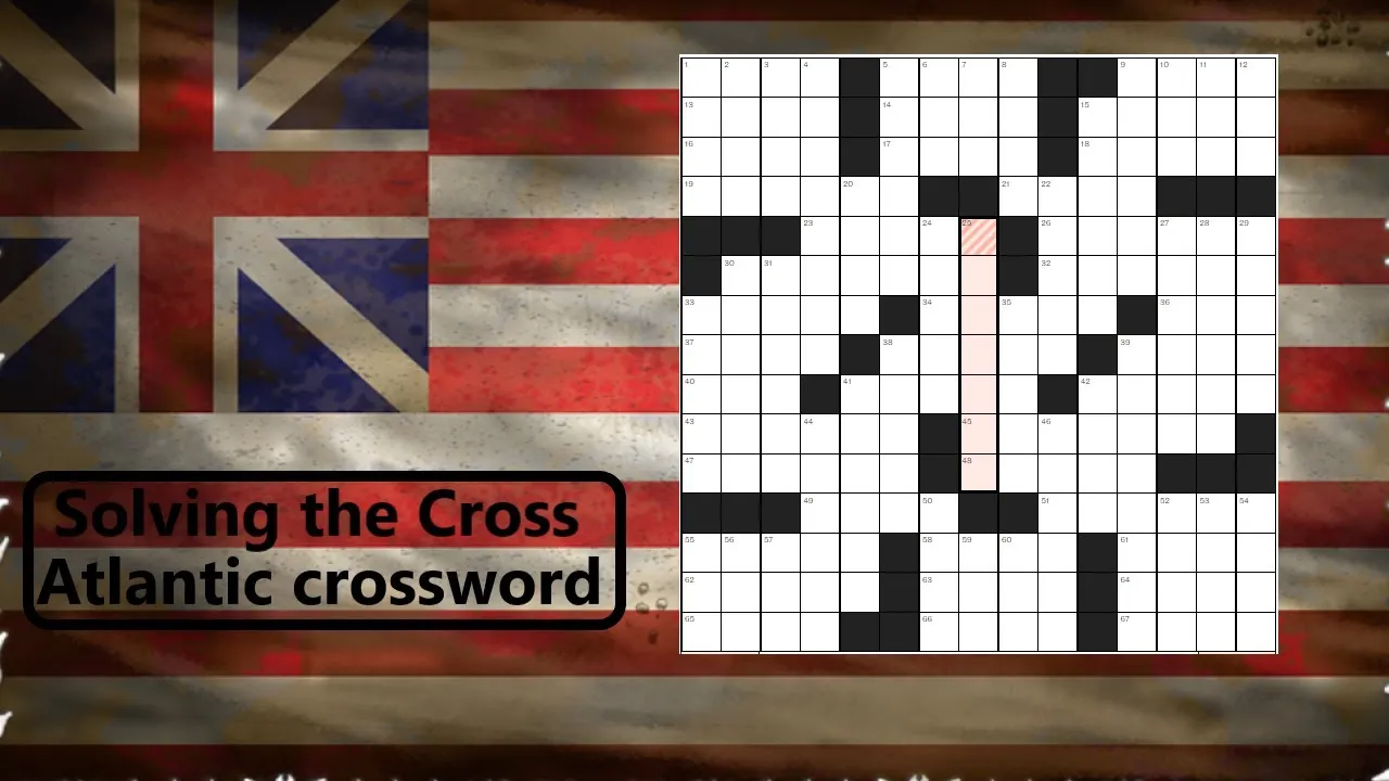 An empty Cross Atlantic No 14 grid from the Telegraph website, set over British and American flags in a solving video thumbnail