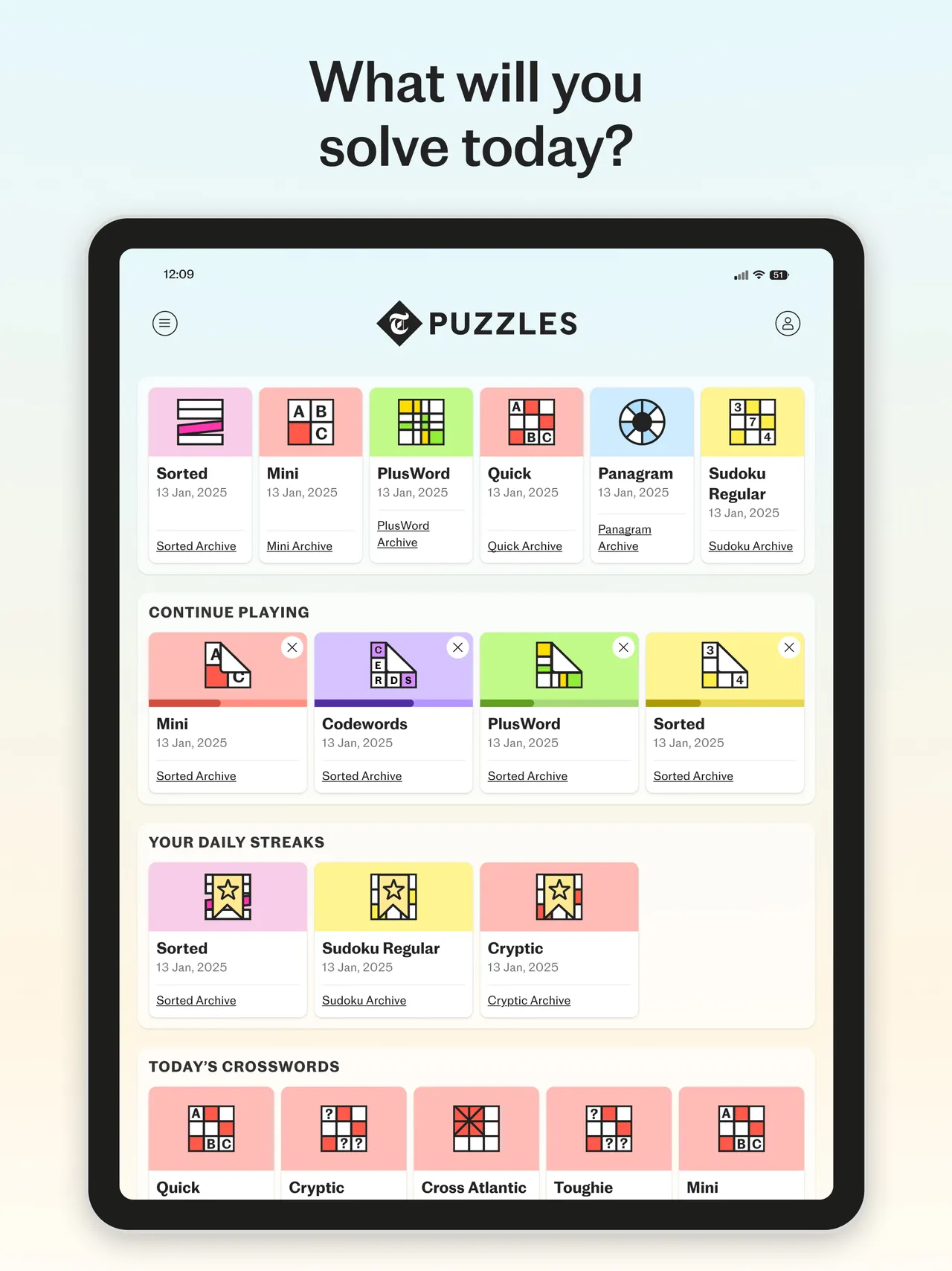 The Telegraph Puzzles home screen on a tablet, with Cross Atlantic among today's crosswords