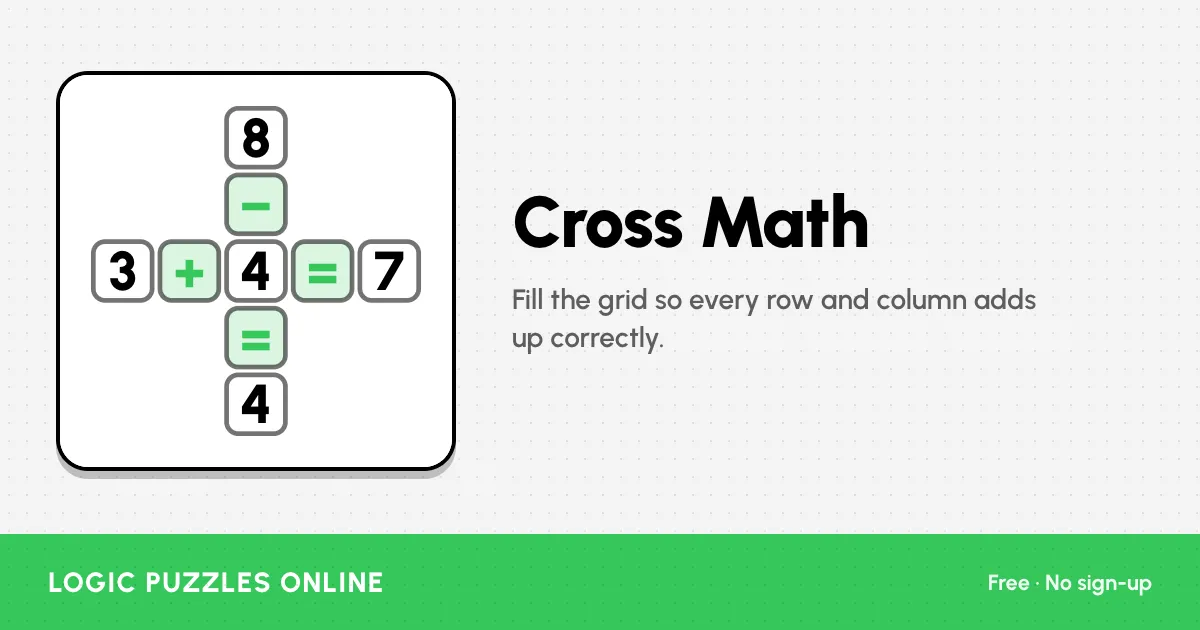 Cross Math card: a small cross of tiles where 3 + 4 = 7 across and 8 - 4 = 4 down share the middle 4