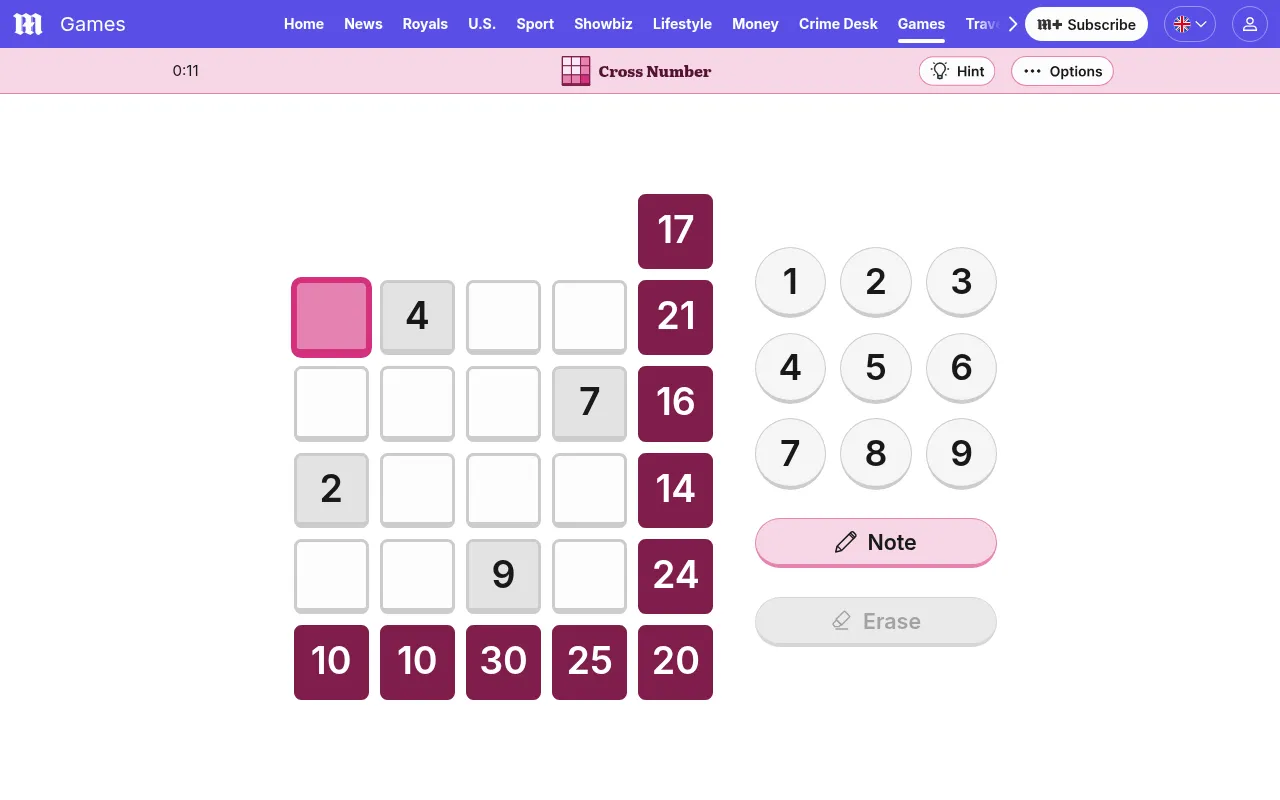 Daily Mail Cross Number for 7 October 2026 in play: a four by four grid with the given digits 4, 7, 2 and 9, the row totals 21, 16, 14 and 24 and the column totals 10, 10, 30 and 25 on dark squares, b