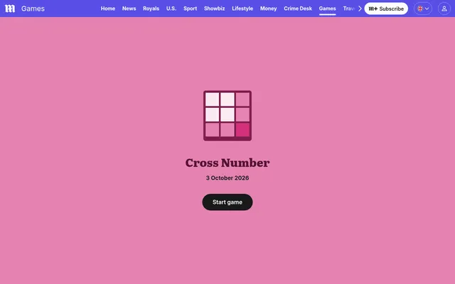 The Cross Number start screen on the Daily Mail games page: the game's own icon and name, the date 3 October 2026 and a button to start the day's puzzle