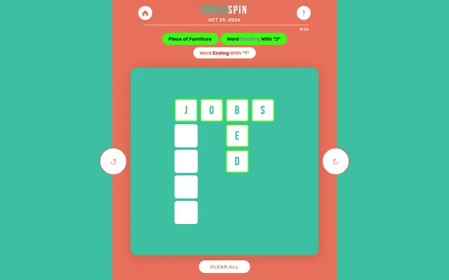 Today's Cross Spin board on 29 October 2026, half solved: JOBS across and BED down are green, with the Ending With T word still empty