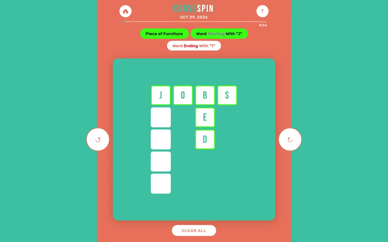 Today's Cross Spin board on 29 October 2026, half solved: JOBS across and BED down are green, with the Ending With T word still empty