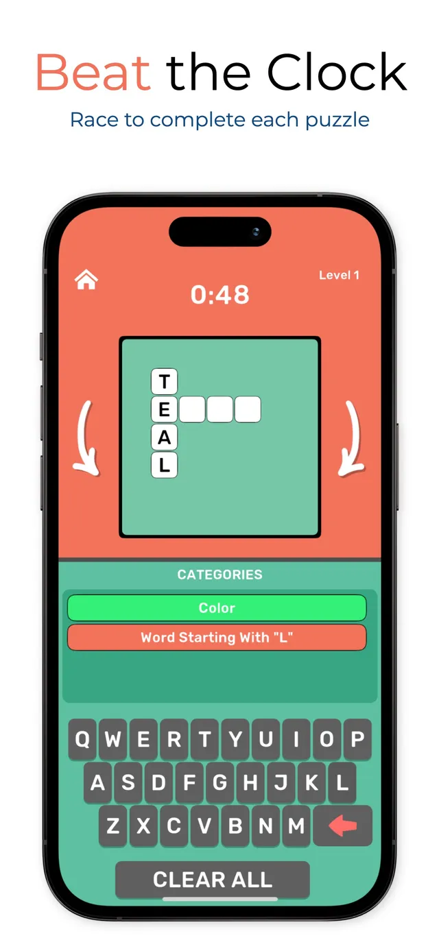 Cross Spin on a phone: LOVE down and TEAL across share the E, and both categories, Color and Word starting with L, are green