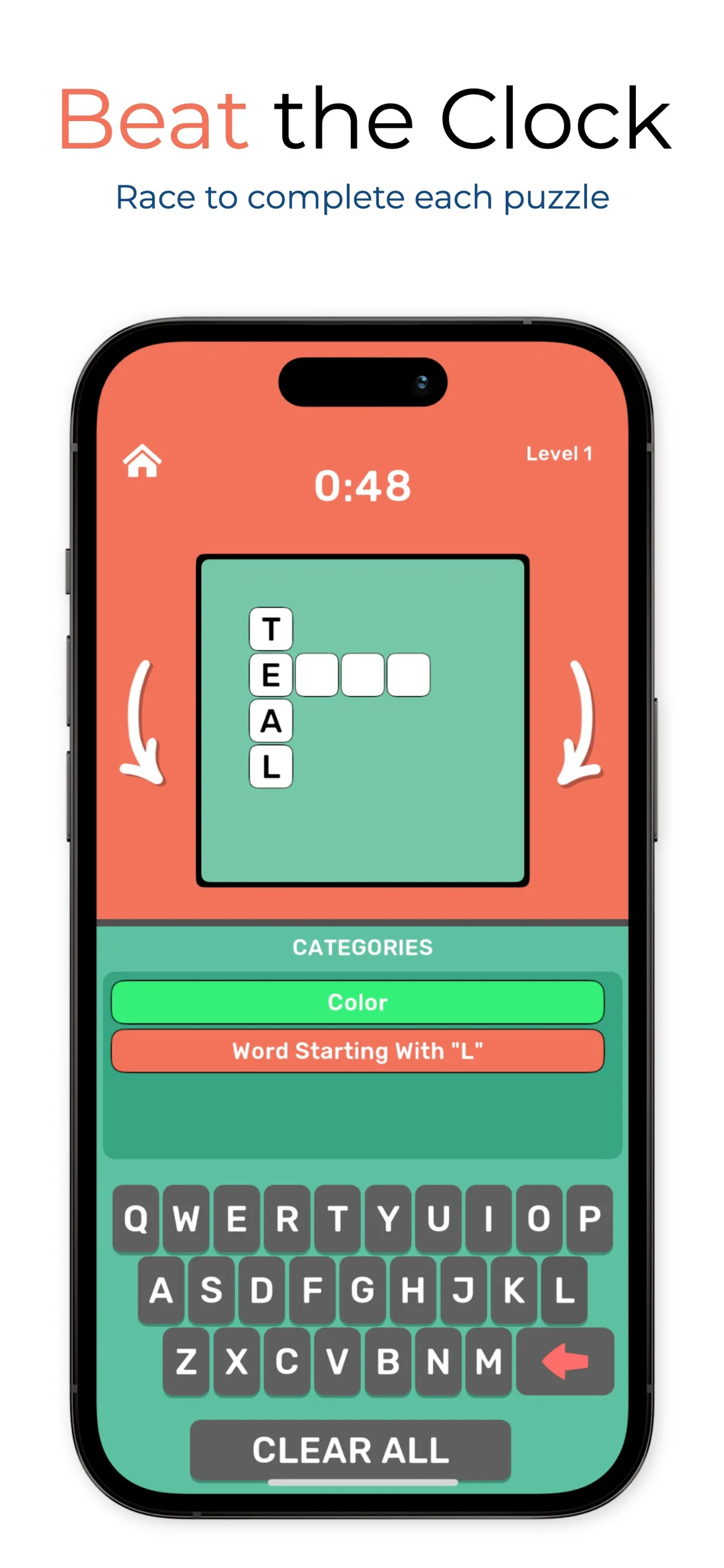 Cross Spin on a phone: LOVE down and TEAL across share the E, and both categories, Color and Word starting with L, are green