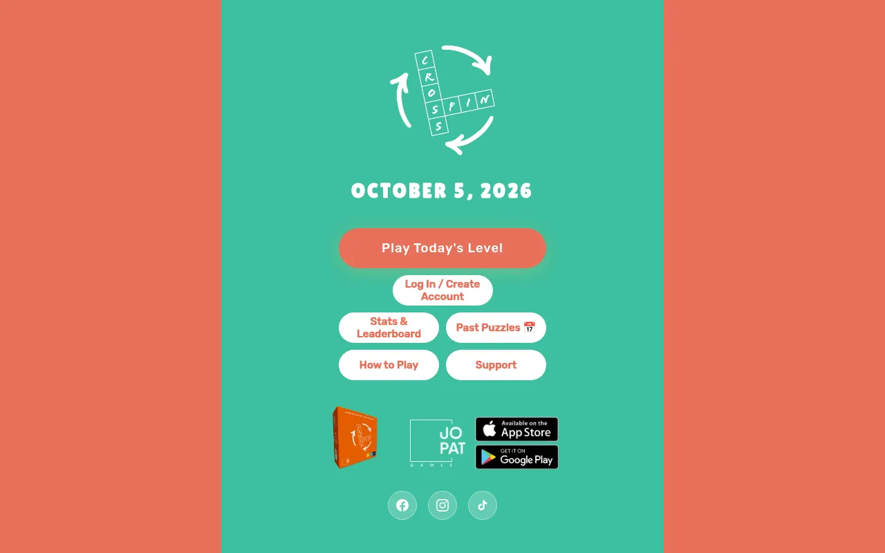 The Cross Spin website on October 5, 2026, with its logo, the date and the Play Today's Level button