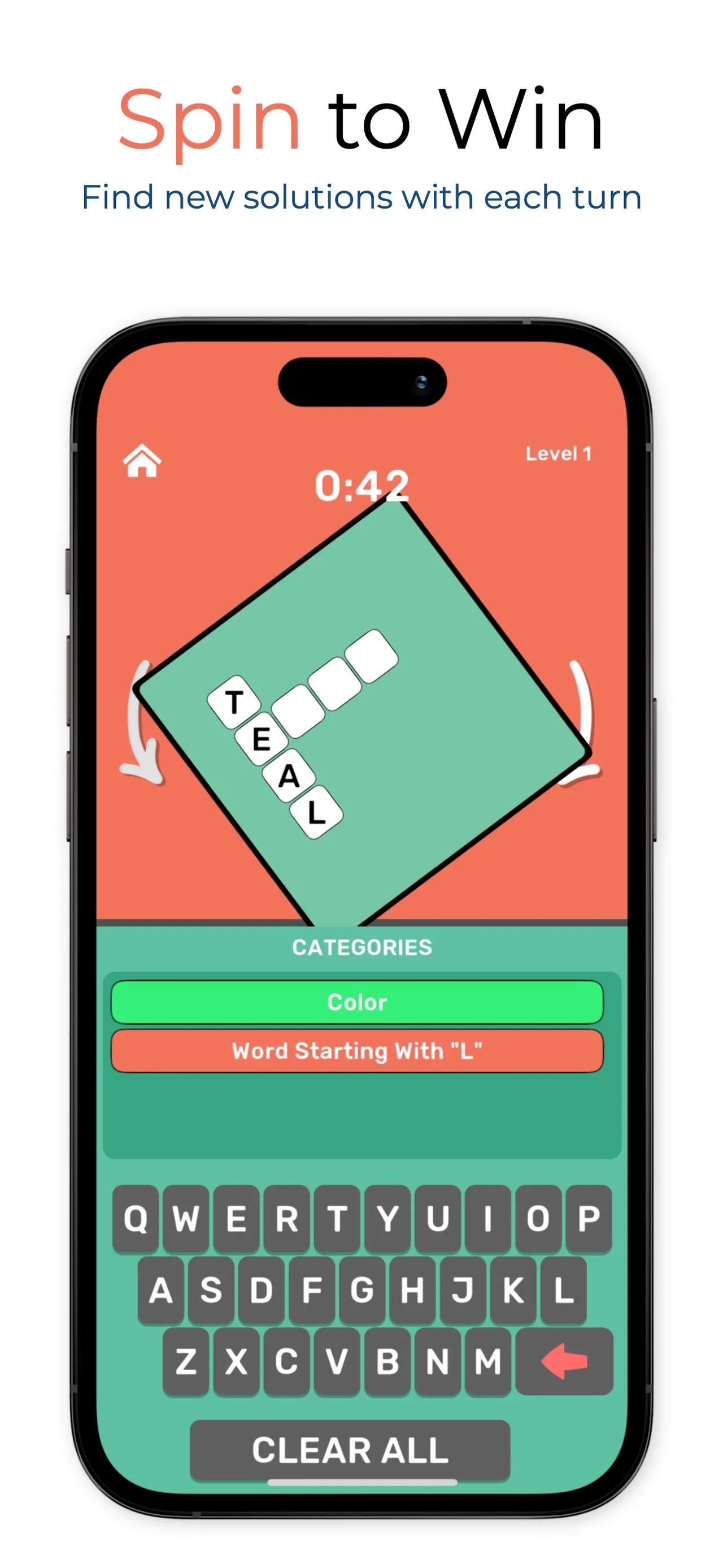 A Cross Spin board turned at an angle mid-spin, with TEAL written down one side and the timer at 0:42