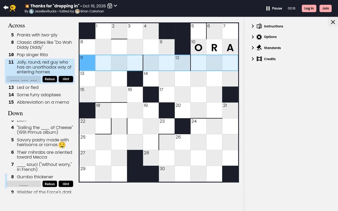 Cross|word for 19 October 2026 on a desktop: a ten by ten midi grid with ORA typed in, Across and Down clues on the left, Rebus and Hint buttons under the chosen clue