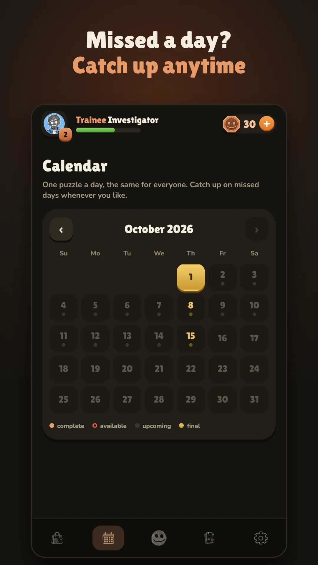 The CrossCase calendar for October 2026, one puzzle a day with missed days open to catch up