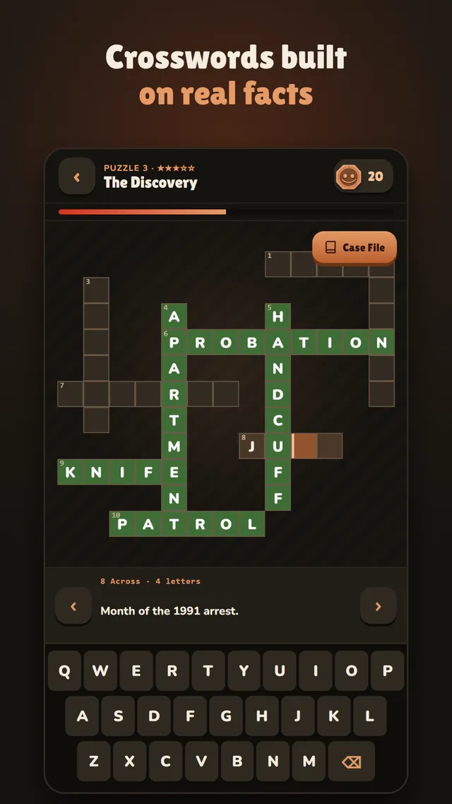 A CrossCase crossword from the Dahmer case with PROBATION, HANDCUFF, KNIFE and PATROL filled in