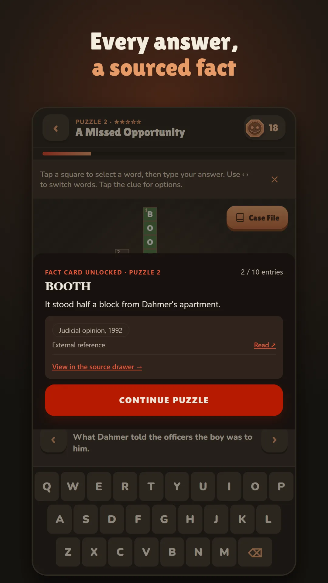 A CrossCase fact card unlocked by the answer BOOTH, with its source, over the day's crossword