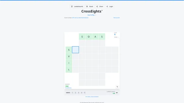 A CrossEights grid: an 8x8 cross with blocked corners, anchor letters along the top and left side, a hints bar and the score box