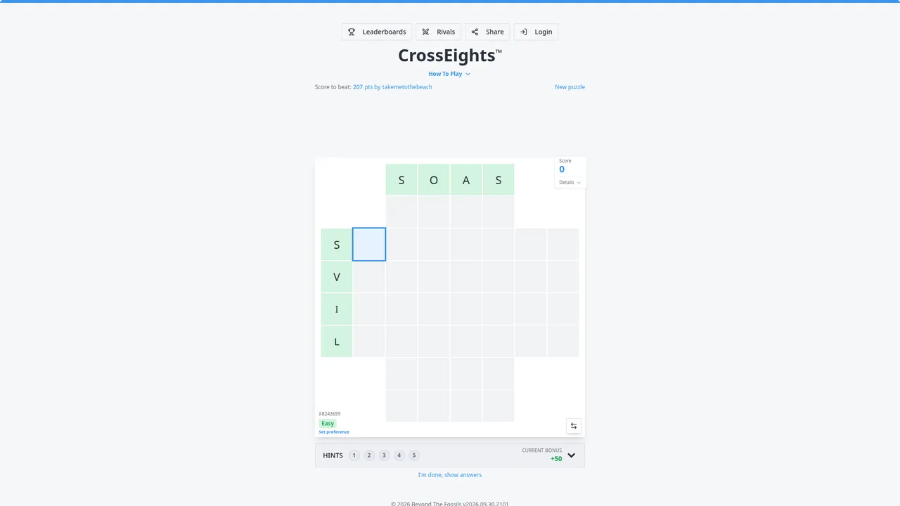 A CrossEights grid: an 8x8 cross with blocked corners, anchor letters along the top and left side, a hints bar and the score box