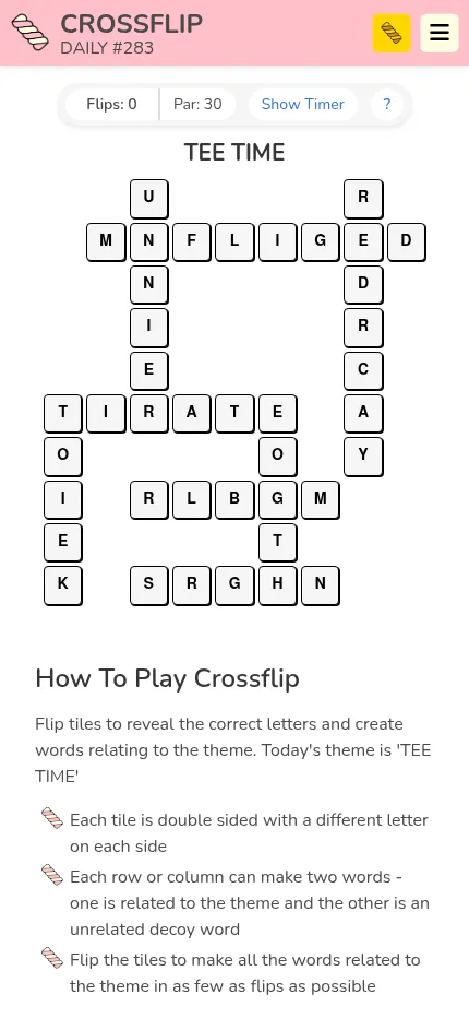 Crossflip Daily #283 at phone size: the Tee Time grid of letter tiles above the How To Play Crossflip rules