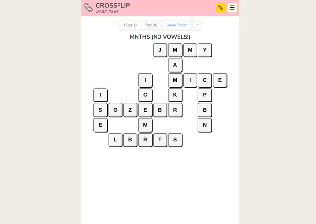 A Crossflip daily grid of letter tiles shaped like a small crossword, with the theme above and a flip counter and par
