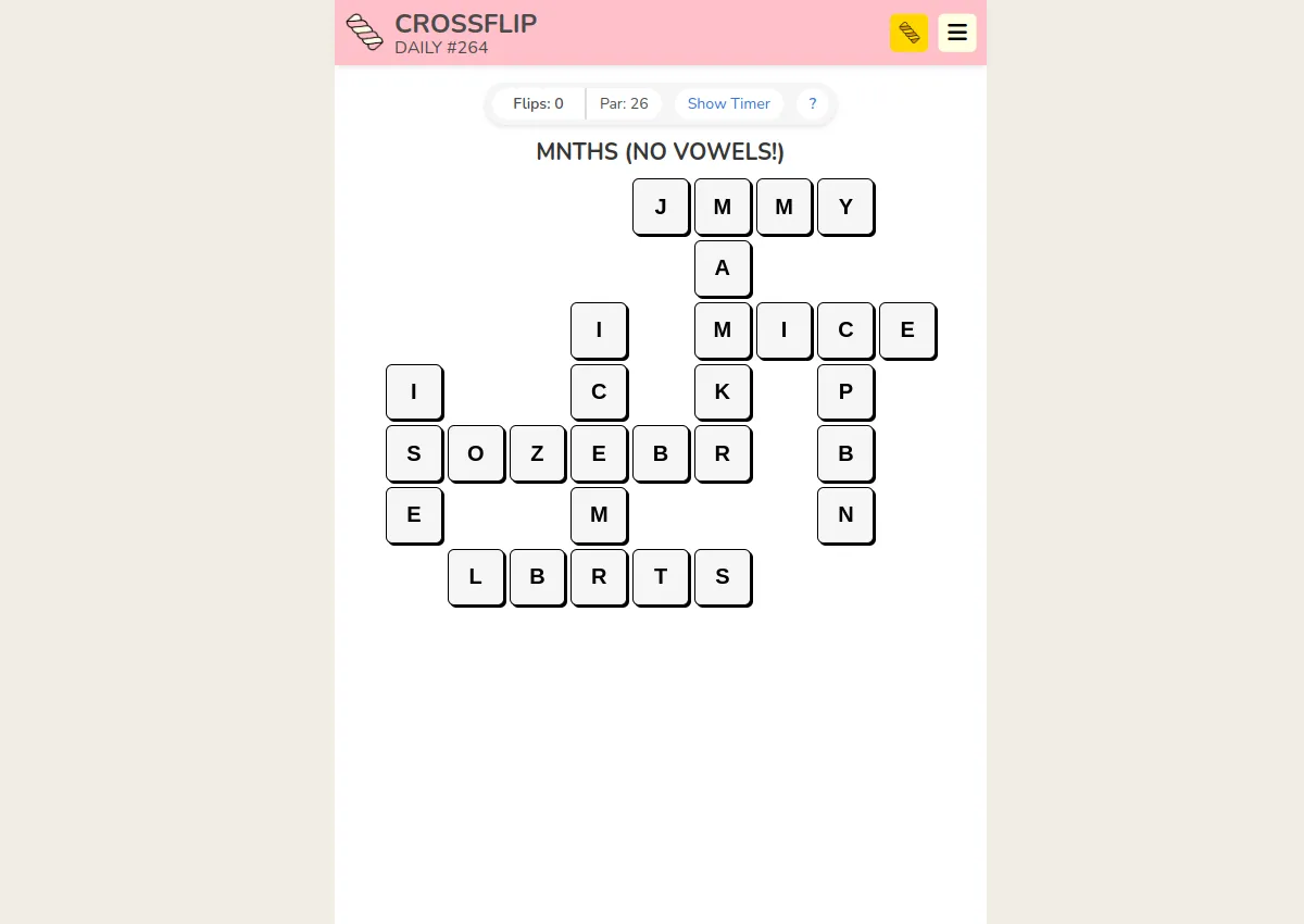 A Crossflip daily grid of letter tiles shaped like a small crossword, with the theme above and a flip counter and par