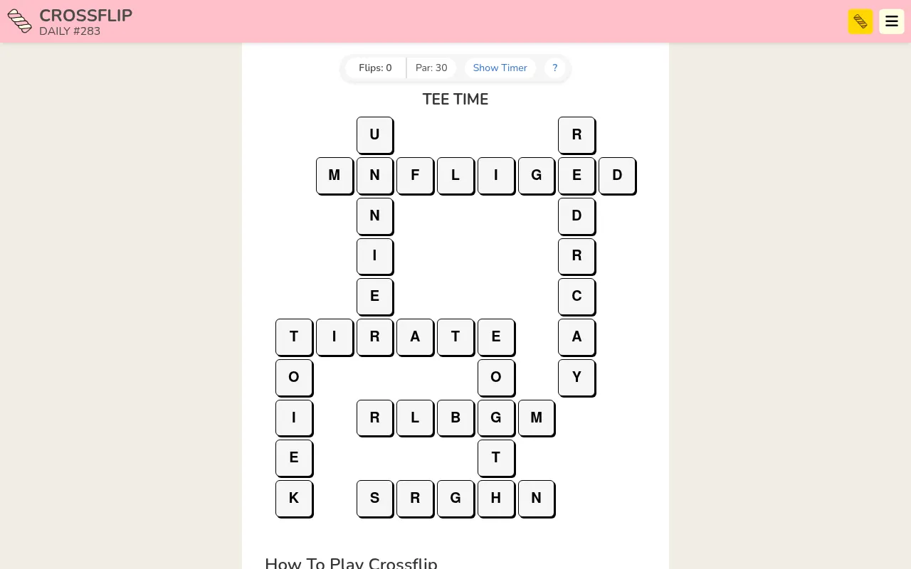 Crossflip Daily #283, theme Tee Time: a crossword-shaped grid of double-sided letter tiles, flip counter at 0 and par 30, on a desktop browser