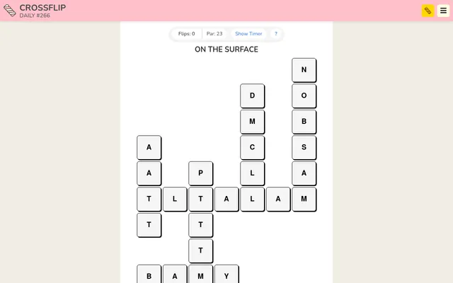 Crossflip Daily #266, theme On the Surface: a crossword-shaped grid of letter tiles to flip, with a flip counter at 0 and par 23