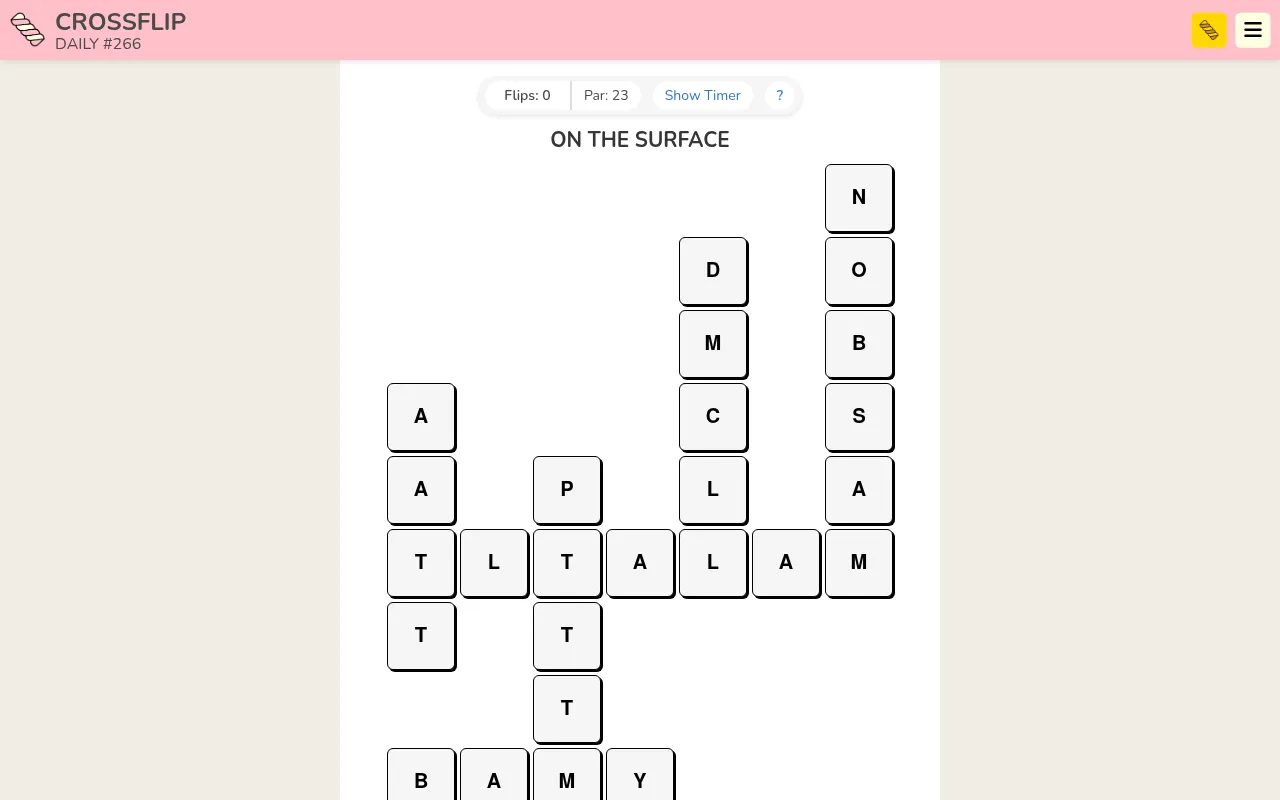 Crossflip Daily #266, theme On the Surface: a crossword-shaped grid of letter tiles to flip, with a flip counter at 0 and par 23