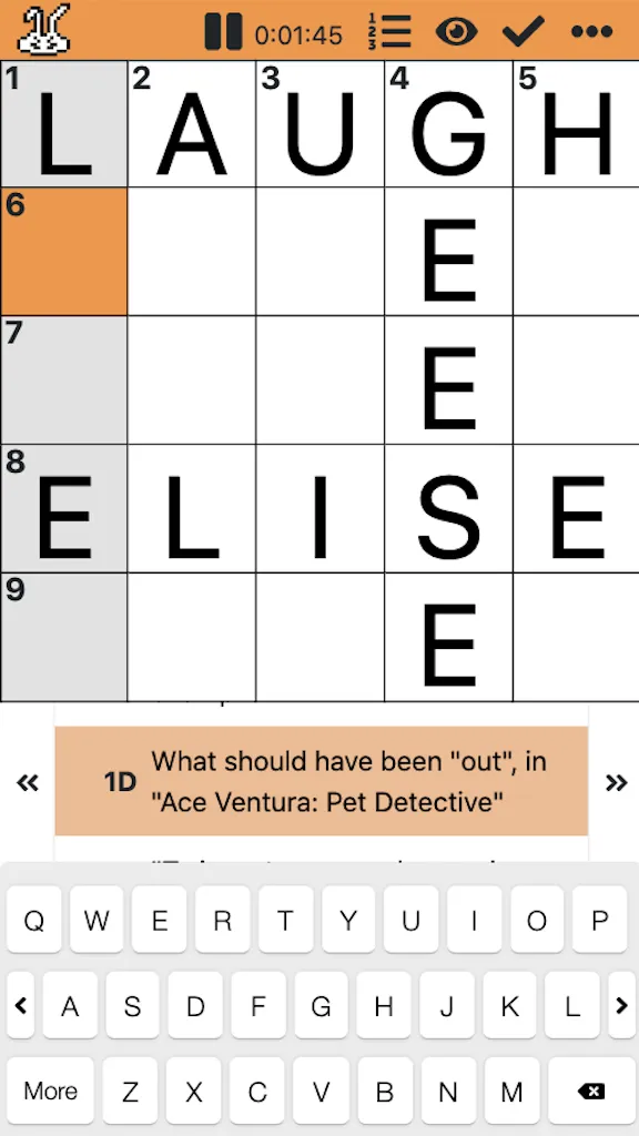 A Crosshare mini crossword being solved on a phone: a 5x5 grid with LAUGH and ELISE filled in, the clue 1D about Ace Ventura: Pet Detective, and the on-screen keyboard