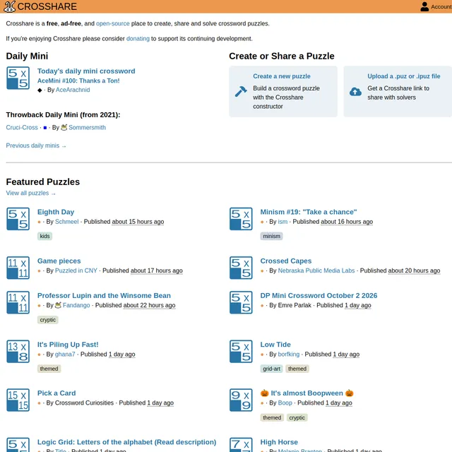 The Crosshare home page describing it as a free, ad-free, open-source place to create, share and solve crosswords, with a Daily Mini section showing the day's mini (AceMini #100 by AceArachnid) and a
