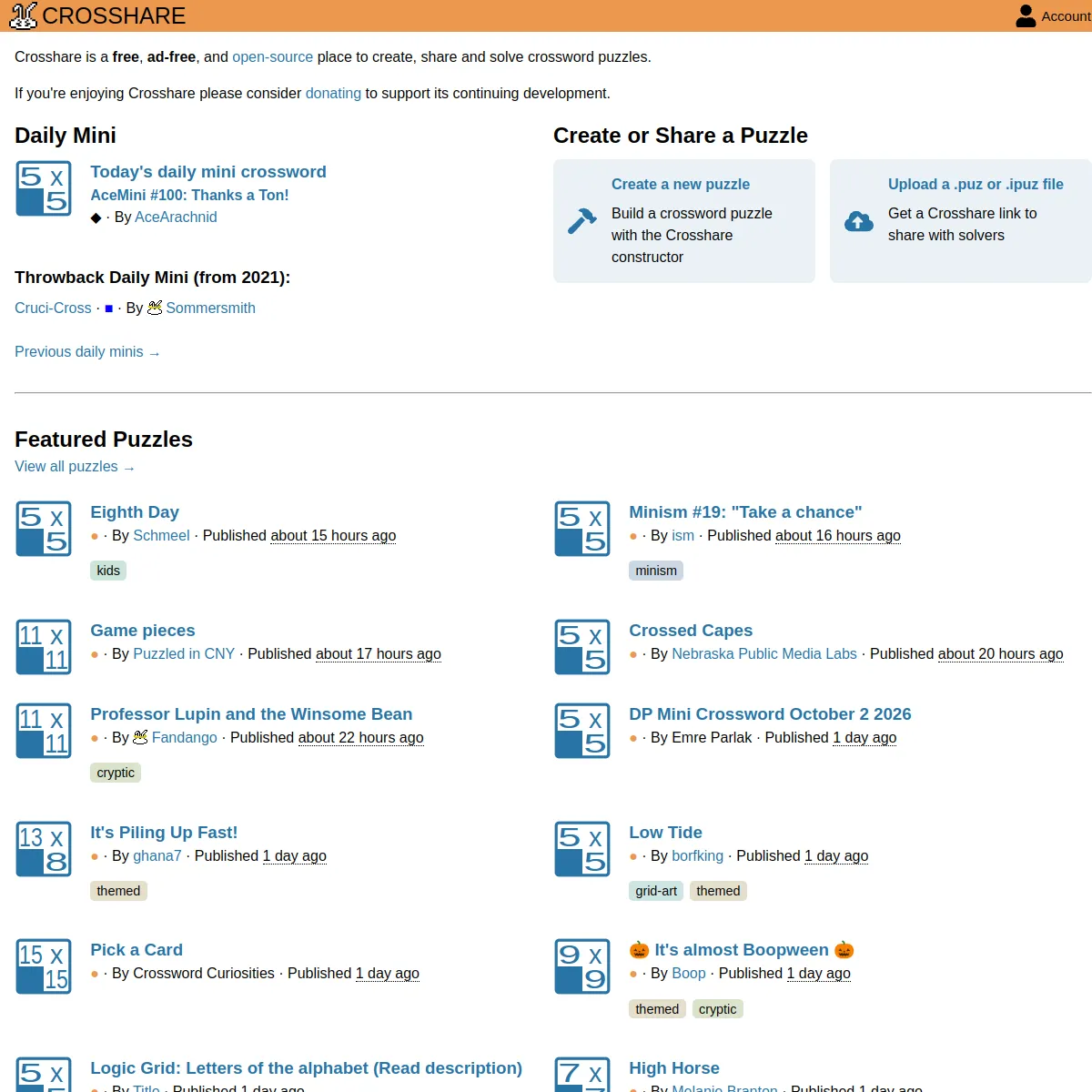 The Crosshare home page describing it as a free, ad-free, open-source place to create, share and solve crosswords, with a Daily Mini section showing the day's mini (AceMini #100 by AceArachnid) and a