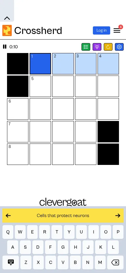 Crossherd on a phone: the 5x5 grid with the timer and toolbar above it, the current clue in a yellow bar and the game's own on-screen keyboard below