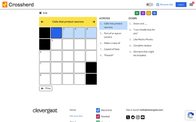 Crossherd's mini crossword for 18 October 2026 on a desktop: an empty 5x5 grid with four black squares, the clue Cells that protect neurons above it and the clue lists beside it
