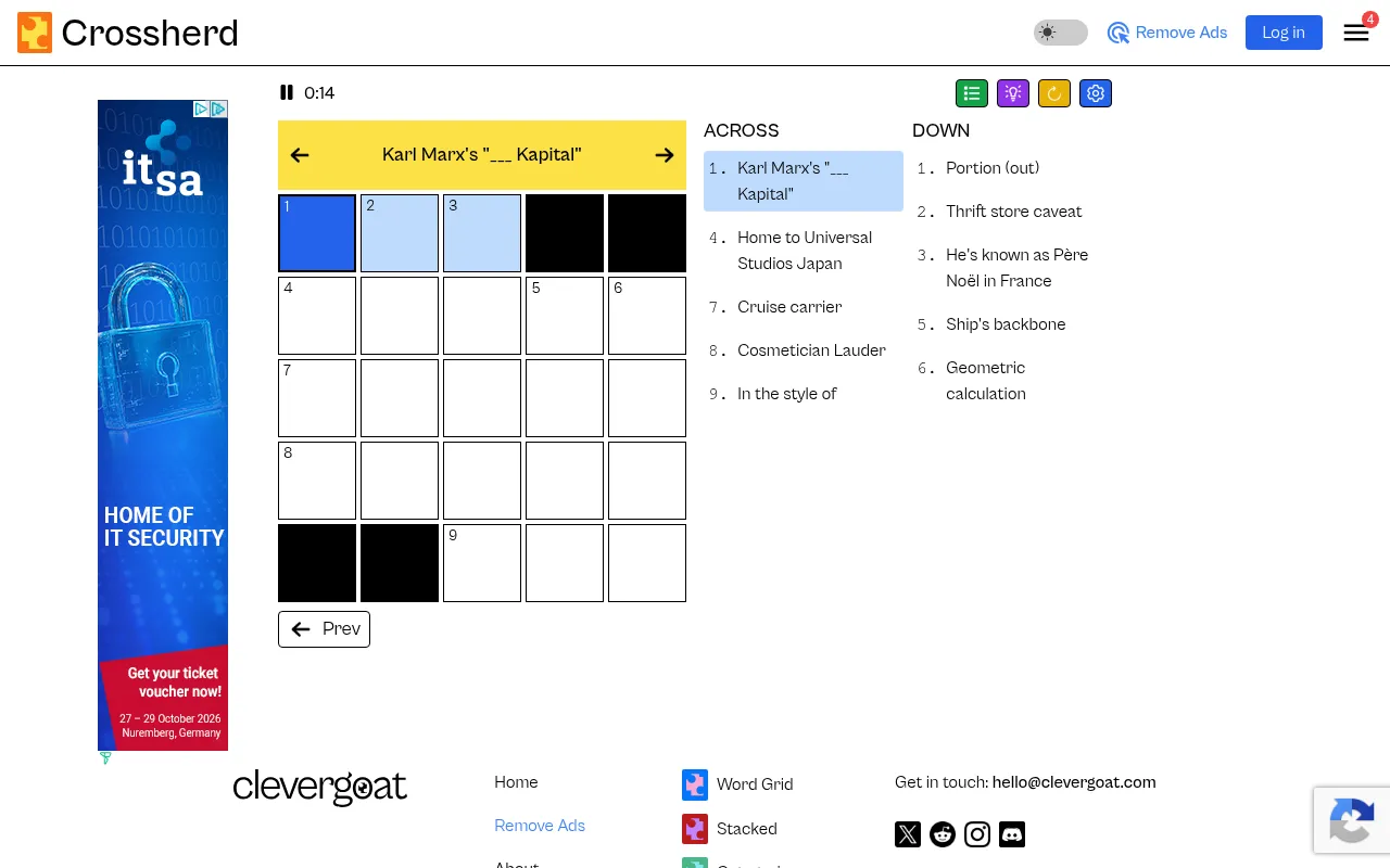 A Crossherd mini crossword in play: a five-by-five grid with four black squares, the clue Karl Marx's "___ Kapital" highlighted above it and the Across and Down clue lists beside it