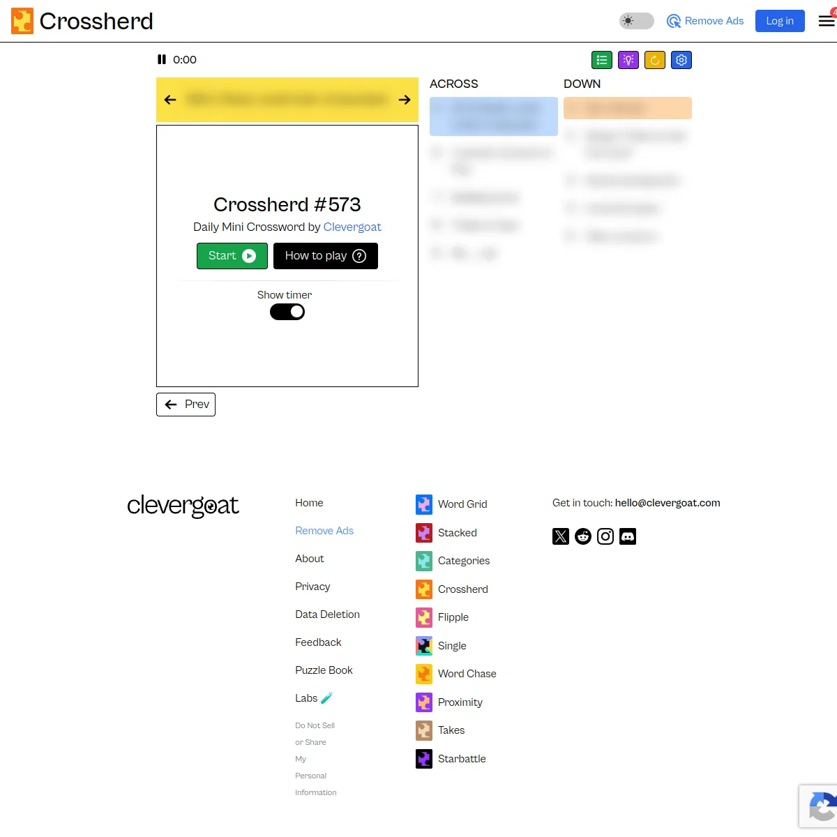 Crossherd #573, a Daily Mini Crossword by Clevergoat: a start panel with Start and How to play buttons and a Show timer toggle, beside Across and Down clue lists and a timer reading 0:00.
