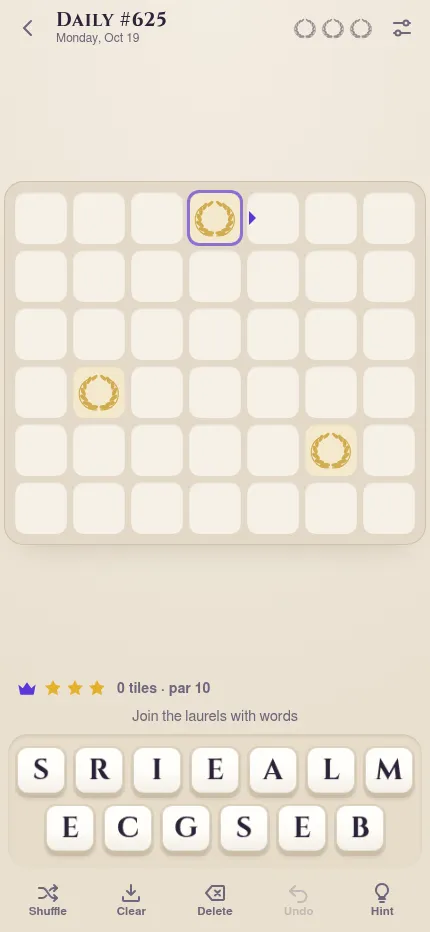Crossing the Lexicon Daily #625 at phone size: the grid with three laurels above the letter rack and the Shuffle, Clear, Delete, Undo and Hint buttons