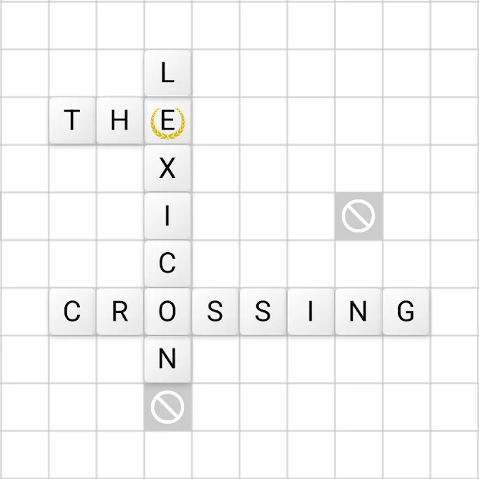 Letter tiles on a grid spelling CROSSING and LEXICON with THE crossing a laurel square, and two blocked squares