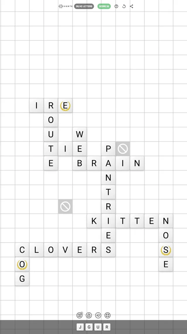 A Crossing the Lexicon board in play: words such as BRAIN, KITTEN and CLOVERS crossing on a grid to link the laurel squares, with blocked squares and the letter tray below