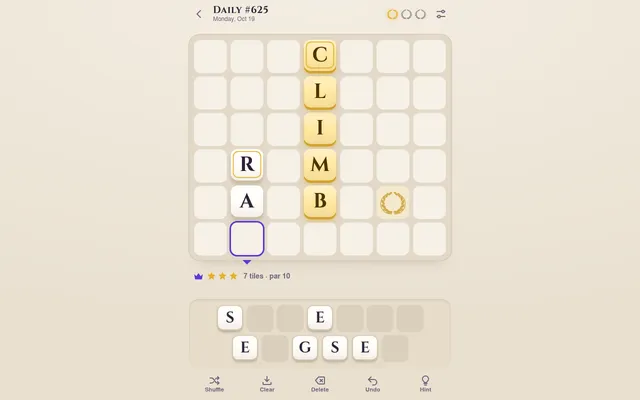 Crossing the Lexicon Daily #625 in play: CLIMB runs down from a laurel and RAM starts on another, with the letter rack below and par 10