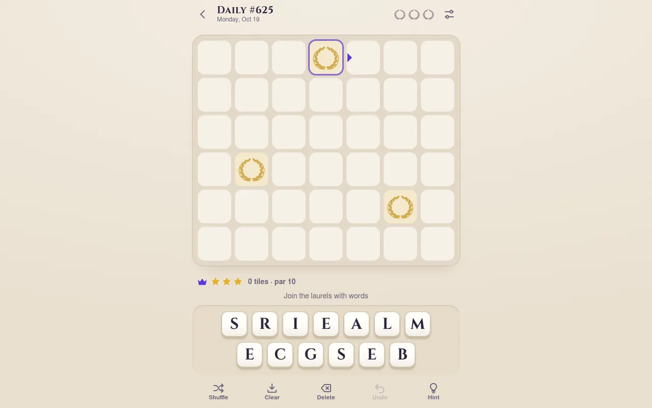 Crossing the Lexicon Daily #625 for 19 October 2026: an empty 7 by 6 grid with three laurel squares and a rack of thirteen letters