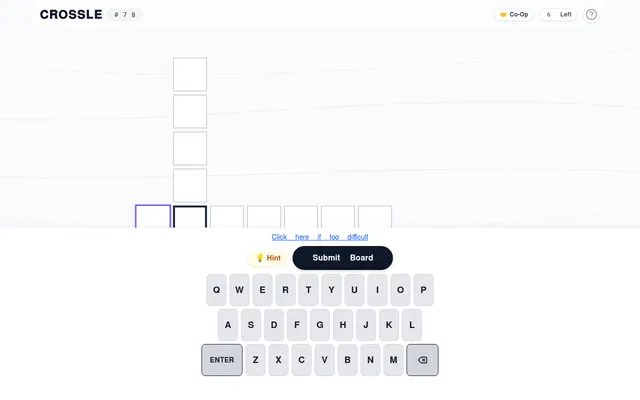Crossle #78 board: empty letter tracks crossing at a shared first square, with Co-Op and 6 Left at the top, Hint and Submit Board buttons and an on-screen keyboard