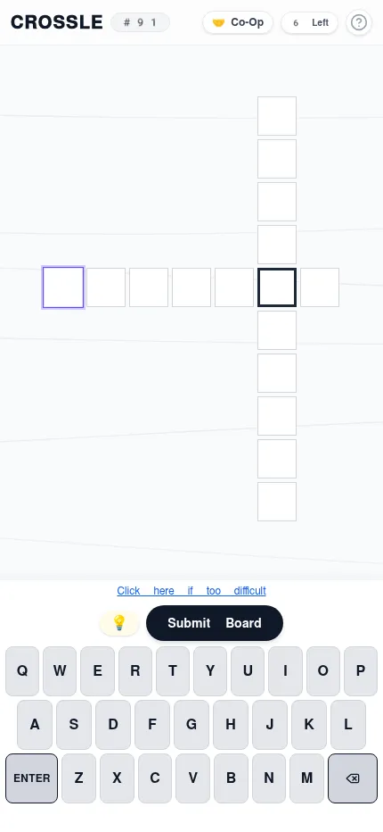 Crossle #91 at phone size: today's empty board, a seven-letter row crossing a long column at the shared dark anchor square, with Co-Op, 6 Left, Submit Board and the keyboard