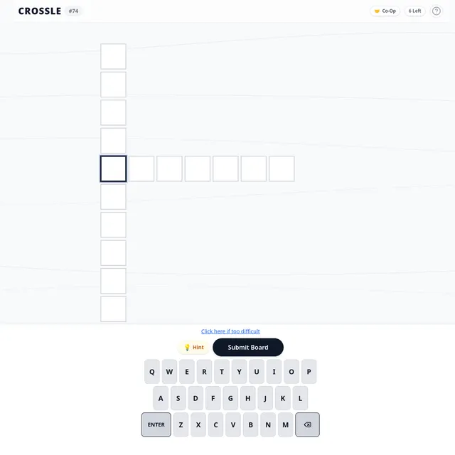 Crossle #74 board with empty crossing word tracks, Hint and Submit Board buttons and an on-screen keyboard