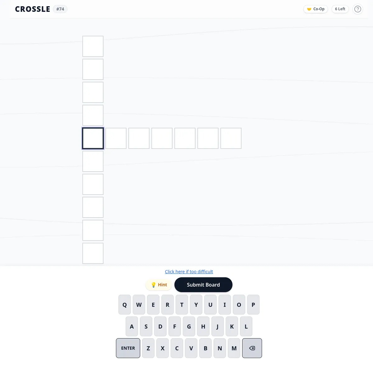 Crossle #74 board with empty crossing word tracks, Hint and Submit Board buttons and an on-screen keyboard