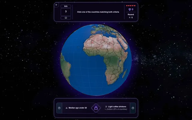 CrossMapQuest round 1 of 5 on 21 October 2026: a 3D globe over Africa with the criteria Median age under 20 and Light coffee drinkers, bottom 25%