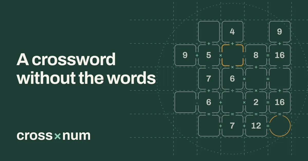 Crossnum card with the line A crossword without the words and a grid of interlocking number equations