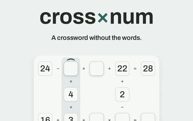 A Crossnum board under its logo and the line A crossword without the words, with rows and columns of equations and blank cells to fill