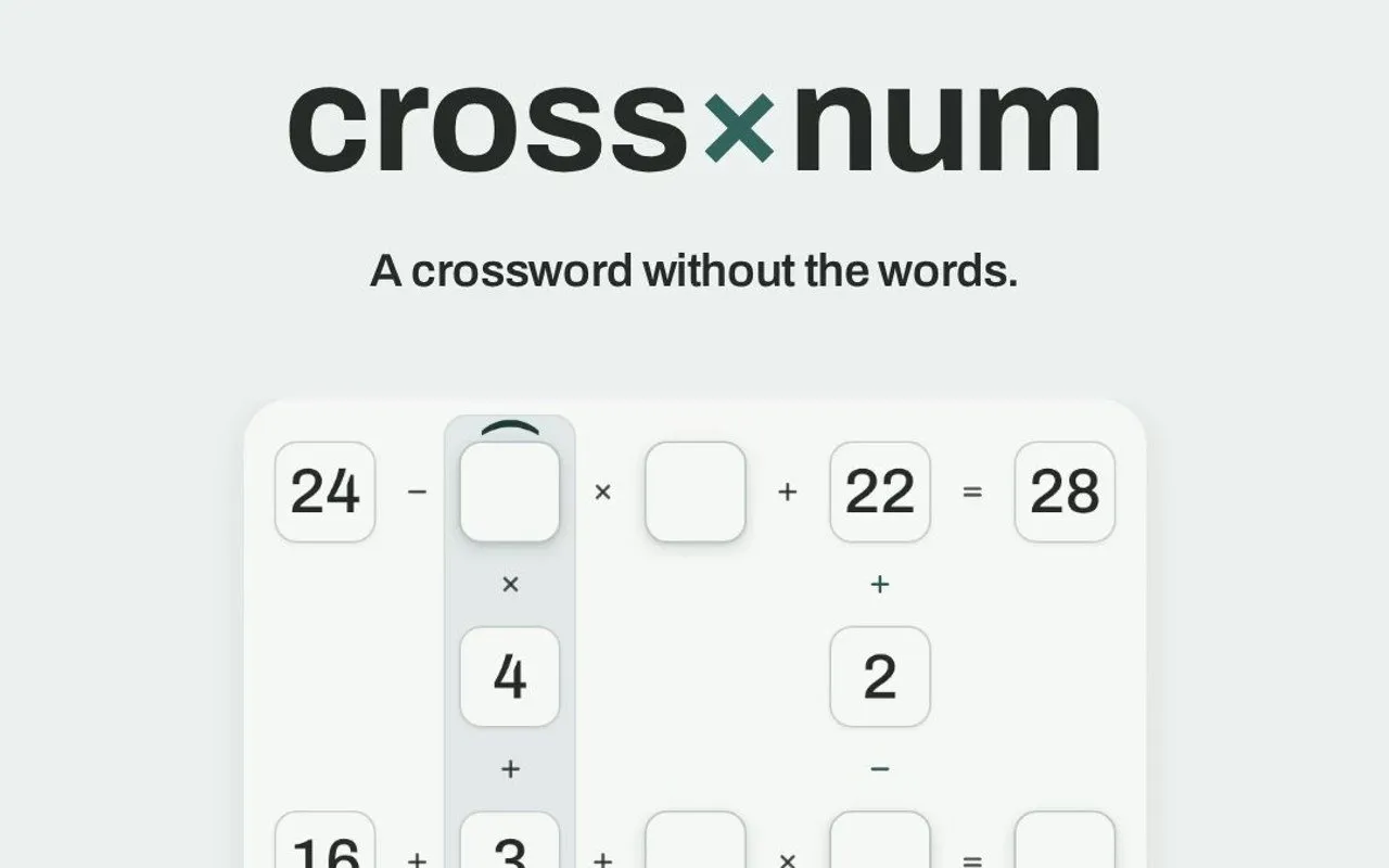 A Crossnum board under its logo and the line A crossword without the words, with rows and columns of equations and blank cells to fill