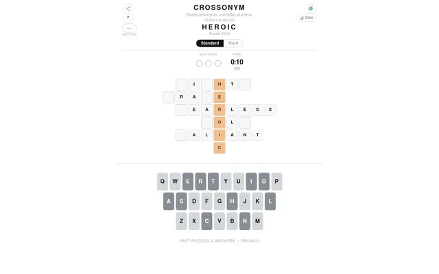 Today's Crossonym board on desktop, puzzle 190 for the word HEROIC, part solved with letters filled across five synonym rows and the on-screen keyboard below