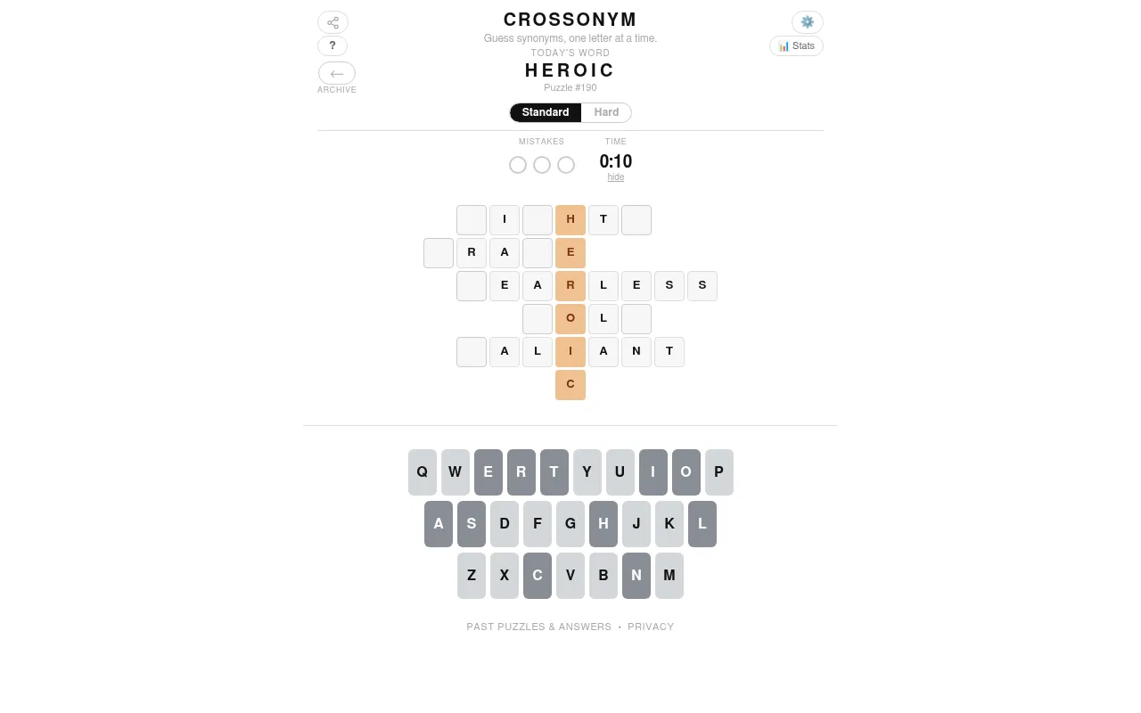 Today's Crossonym board on desktop, puzzle 190 for the word HEROIC, part solved with letters filled across five synonym rows and the on-screen keyboard below