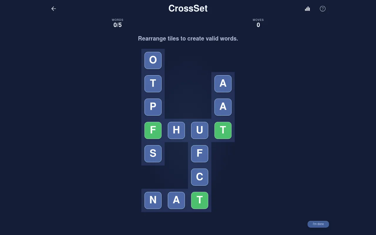 CrossSet mini crossword from an earlier day at the start: scrambled letter tiles along five crossing words, three of them green, with words 0/5 and moves 0