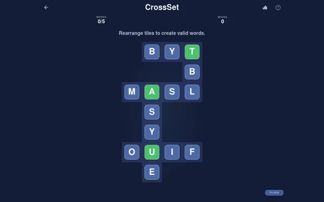 CrossSet board for 19 October 2026 at the start: scrambled letter tiles along five crossing words, with T, A and U locked in green, Words 0/5 and Moves 0